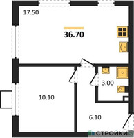 Планировка однокомнатной(квартира) площадью 36.7 квадратных метров в “ЖК Лучи-2”