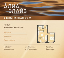Планировка однокомнатной(квартира) площадью 43 квадратных метров в “ЖК АЛИА”