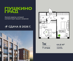 Планировка однокомнатной(квартира) площадью 44.6 квадратных метров в “ЖК Пушкино Град”