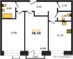 Планировка двухкомнатной(квартира) площадью 58.1 квадратных метров в “ЖК Skolkovo ONE (Сколково Уан)”