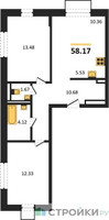 Планировка двухкомнатной(квартира) площадью 58.17 квадратных метров в “ЖК Квартал Домашний”