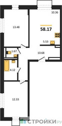 Планировка двухкомнатной(квартира) площадью 58.17 квадратных метров в ЖК “ЖК Квартал Домашний”