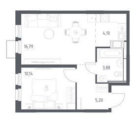 Планировка однокомнатной(квартира) площадью 40.11 квадратных метров в ЖК “ЖК Большое Путилково”