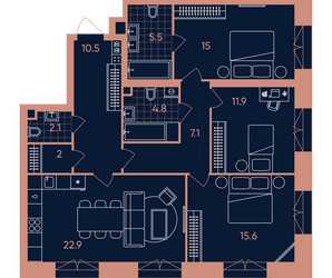 Планировка 4+ комнатной(квартира) площадью 97.4 квадратных метров в ЖК “Квартал Эра”