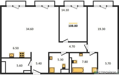 Планировка двухкомнатной(квартира) площадью 109 квадратных метров в ЖК “ЖК OPUS (Опус)”