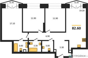 Планировка трехкомнатной(квартира) площадью 82.6 квадратных метров в “ЖК КОД Сокольники”