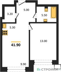 Планировка однокомнатной(квартира) площадью 41.9 квадратных метров в ЖК “ЖК Родина Парк”