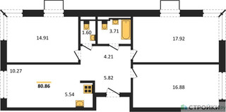 Планировка трехкомнатной(квартира) площадью 80.86 квадратных метров в “ЖК Квартал Западный”