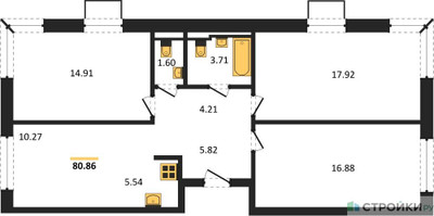 Планировка трехкомнатной(квартира) площадью 80.86 квадратных метров в ЖК “ЖК Квартал Западный”