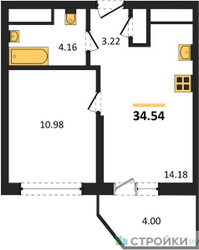 Планировка однокомнатной(квартира) площадью 34.54 квадратных метров в ЖК “ЖК ВОСТОК II”