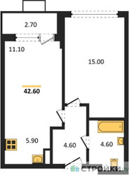 Планировка однокомнатной(квартира) площадью 42.6 квадратных метров в ЖК “ЖК Бунинские кварталы”