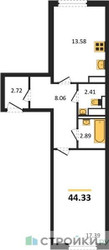 Планировка однокомнатной(квартира) площадью 44.33 квадратных метров в ЖК “ЖК Молжаниново”