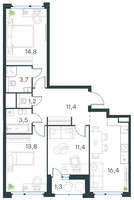 Планировка трехкомнатной(квартира) площадью 77.5 квадратных метров в “ЖК Level Лесной”