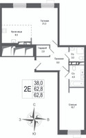 Планировка двухкомнатной(квартира) площадью 62.8 квадратных метров в “ЖК КИНОКВАРТАЛ”