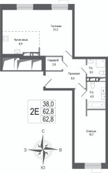 Планировка двухкомнатной(квартира) площадью 62.8 квадратных метров в ЖК “ЖК КИНОКВАРТАЛ”