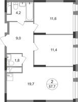 Планировка двухкомнатной(квартира) площадью 57.7 квадратных метров в “ЖК Первый Московский”