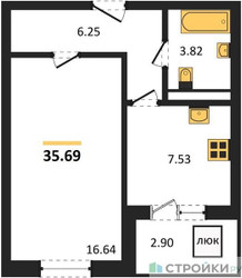 Планировка однокомнатной(квартира) площадью 35.69 квадратных метров в ЖК “Ласточкино”