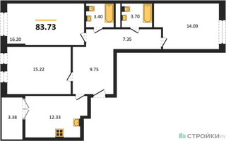 Планировка трехкомнатной(квартира) площадью 83.73 квадратных метров в “ЖК Дюна”