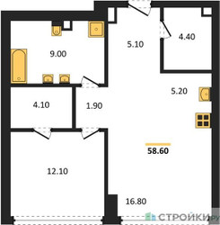 Планировка однокомнатной(квартира) площадью 59 квадратных метров в ЖК “ЖК High Life (Хай Лайф)”