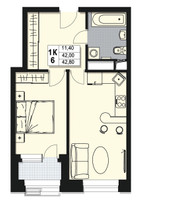 Планировка однокомнатной(квартира) площадью 42 квадратных метров в “ЖК Атлантис”
