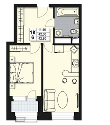 Планировка однокомнатной(квартира) площадью 42 квадратных метров в ЖК “ЖК Атлантис”