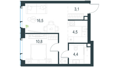 Планировка двухкомнатной(квартира) площадью 39.3 квадратных метров в ЖК “ЖК Level Мичуринский”