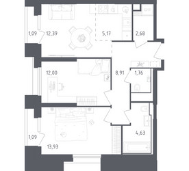 Планировка двухкомнатной(апартаменты) площадью 63.65 квадратных метров в ЖК “ЖК Скай Спутник”