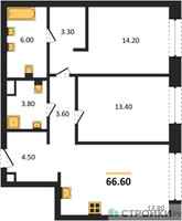 Планировка двухкомнатной(квартира) площадью 66.6 квадратных метров в “ЖК SOUL (СОУЛ)”
