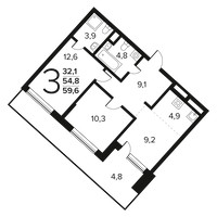 Планировка трехкомнатной(квартира) площадью 59.6 квадратных метров в “Новые Ватутинки. Заречный”