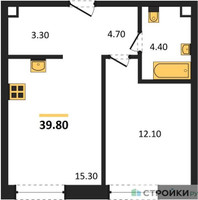 Планировка однокомнатной(квартира) площадью 39.8 квадратных метров в “ЖК Шагал”