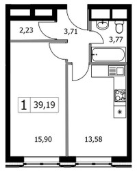 Планировка однокомнатной(квартира) площадью 39.19 квадратных метров в ЖК “ЖК Городские Истории”