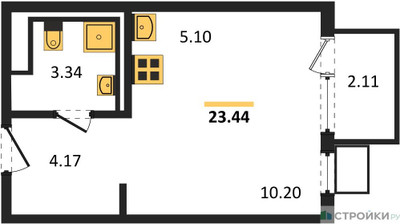 Планировка студии(квартира) площадью 23.44 квадратных метров в ЖК “ЖК Пригород Лесное”