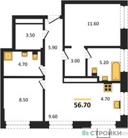 Планировка двухкомнатной(квартира) площадью 56.7 квадратных метров в “ЖК Новые смыслы”
