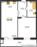 Планировка однокомнатной(квартира) площадью 53.42 квадратных метров в “ЖК Егорово Парк”