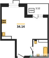 Планировка однокомнатной(квартира) площадью 34.14 квадратных метров в “ЖК Радость (Радумля Парк)”