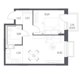 Планировка однокомнатной(квартира) площадью 41.01 квадратных метров в ЖК “ЖК Томилино Парк”