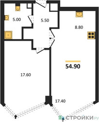 Планировка однокомнатной(квартира) площадью 54.9 квадратных метров в ЖК “ЖК High Life (Хай Лайф)”