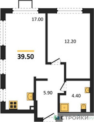 Планировка однокомнатной(квартира) площадью 39.5 квадратных метров в ЖК “ЖК Лучи-2”