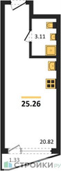Планировка студии(квартира) площадью 25.26 квадратных метров в ЖК “ЖК Аметист”