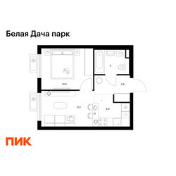 Планировка однокомнатной(квартира) площадью 32.6 квадратных метров в ЖК “ЖК Белая Дача парк”