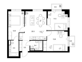 Планировка трехкомнатной(квартира) площадью 70.3 квадратных метров в ЖК “Бунинская набережная”