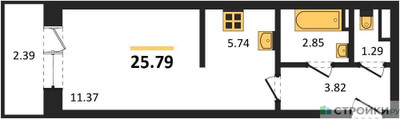 Планировка студии(квартира) площадью 25.79 квадратных метров в ЖК “Зеленый Оазис - Город”