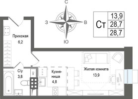 Планировка студии(квартира) площадью 29 квадратных метров в “ЖК КИНОКВАРТАЛ”