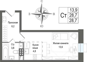 Планировка студии(квартира) площадью 29 квадратных метров в ЖК “ЖК КИНОКВАРТАЛ”