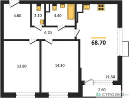 Планировка двухкомнатной(квартира) площадью 68.7 квадратных метров в “ЖК Прокшино”