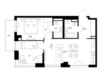 Планировка двухкомнатной(квартира) площадью 56.5 квадратных метров в ЖК “ЖК Кавказский бульвар 51”