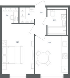 Планировка однокомнатной(квартира) площадью 38.1 квадратных метров в ЖК “ЖК Равновесие”