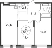 Планировка двухкомнатной(квартира) площадью 68.3 квадратных метров в ЖК “ЖК Первый Московский”