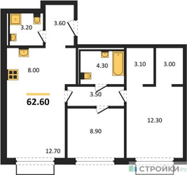Планировка двухкомнатной(квартира) площадью 62.6 квадратных метров в ЖК “ЖК Равновесие”