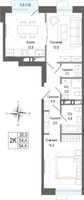 Планировка двухкомнатной(квартира) площадью 54.4 квадратных метров в “ЖК КИНОКВАРТАЛ”